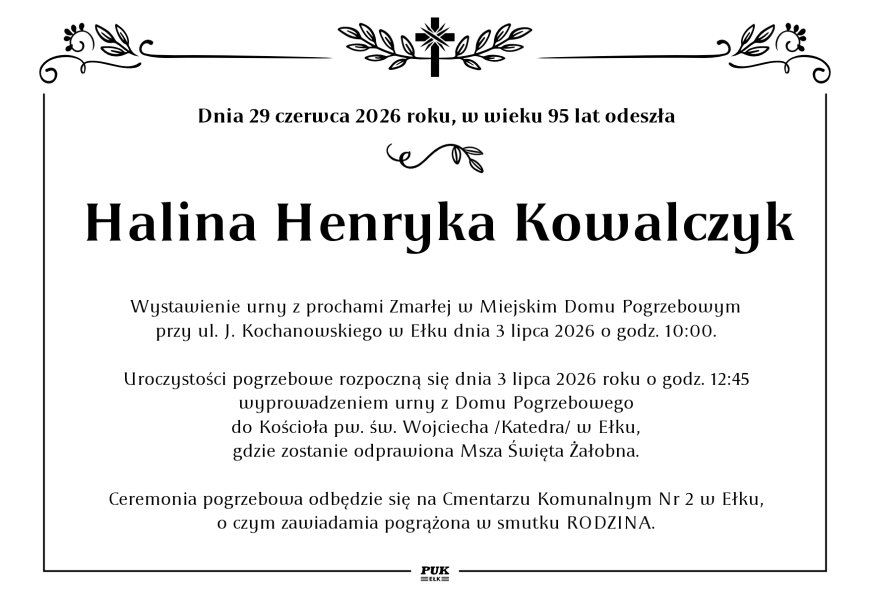 Halina Henryka Kowalczyk - nekrolog